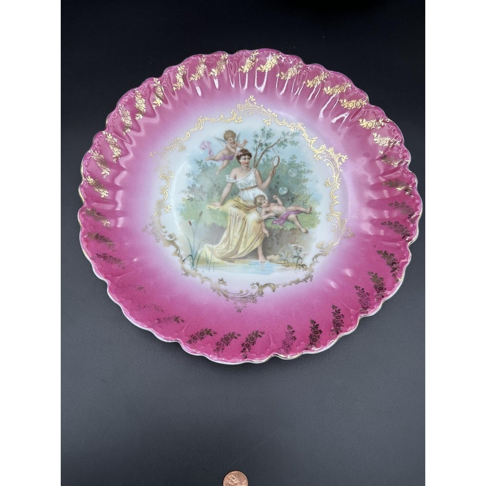 Antique Bowl Romantic Scene Woman & Cupid/Angel Flowers Roses 11"‎